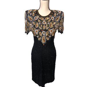 Laurence Kazar Size Small Dress Beaded Cocktail Silk Black Gold Short Sleeve VTG
